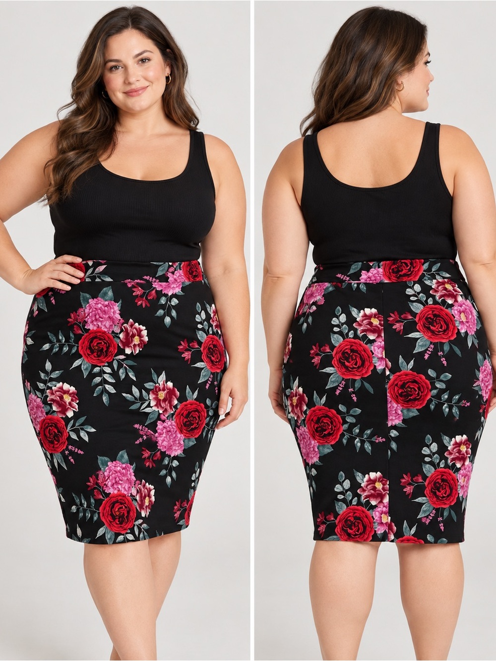 Torrid Floral Rose Pencil Skirt Size 1 Black Red Pink Stretch Plus